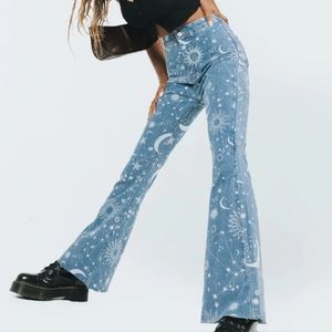 Princess Polly Kiara Flare Denim Jeans Celestial Print Moon Stars 70s vibe bell